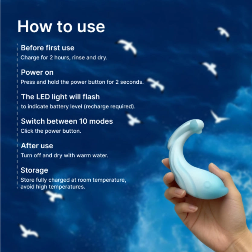 Instructions on how to use a device with a blue background and hand holding the device.