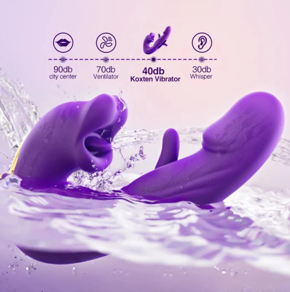 Waterproof quiet vibrator under 40dB with whisper low noise motor
Purple Koxten vibrator with sound level indicators in water