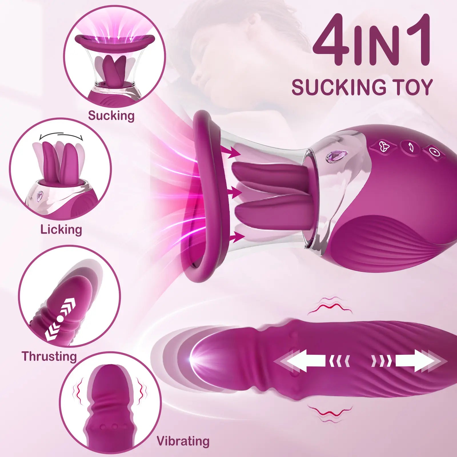 4-in-1 Rose Sex Toy Vibrator - Tongue Licking & Thrusting G-Spot Dildo - image 2