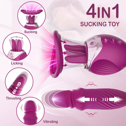 4-in-1 Rose Sex Toy Vibrator - Tongue Licking & Thrusting G-Spot Dildo - image 2