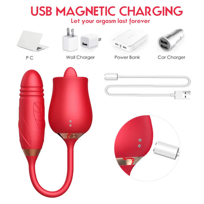 Zenzoone red thrusting & licking rose vibrator, discreet packaging USB magntic charging