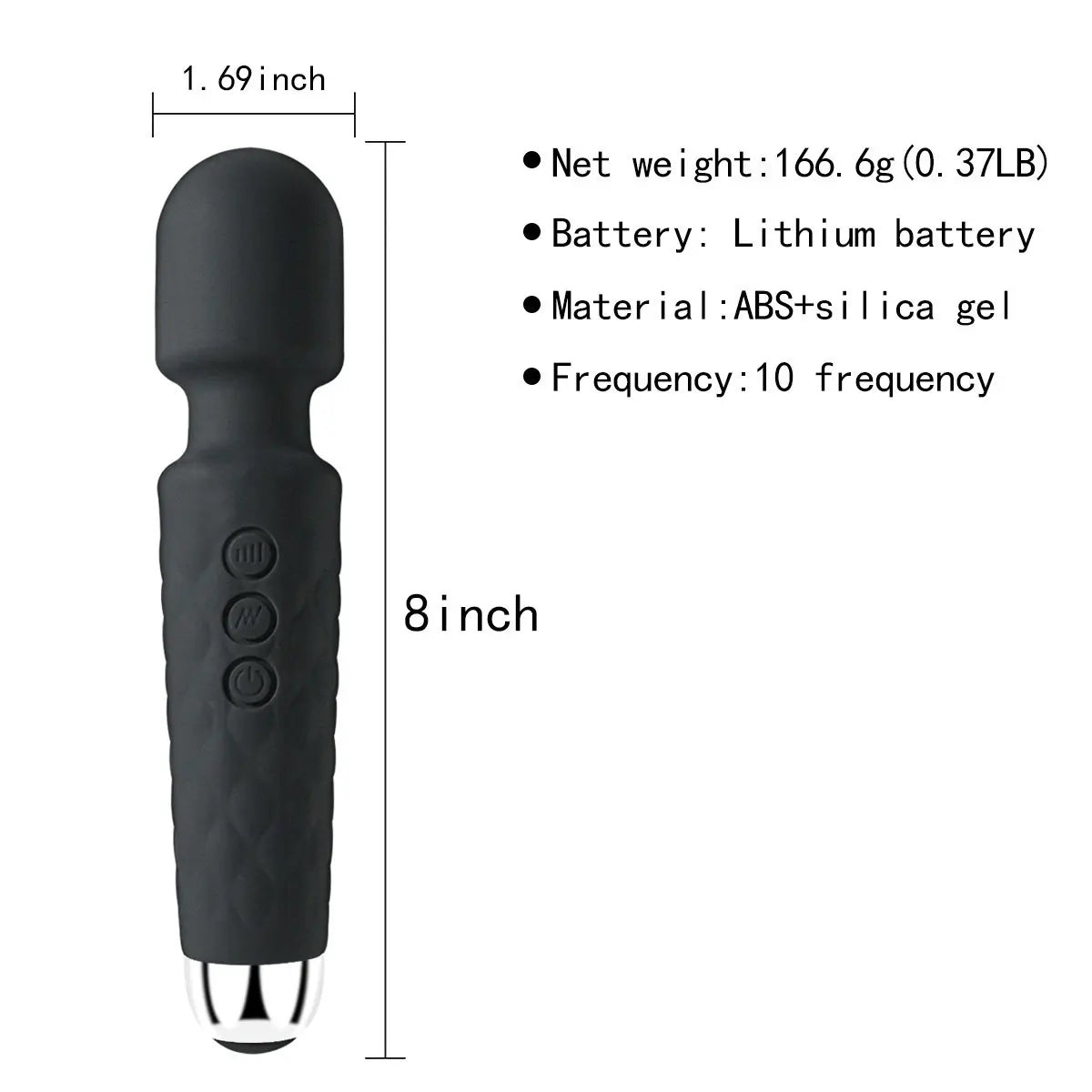 Net weight:166.6g(0.37LB)Battery:Lithium battery,Material:ABS+silicagel,Frequency:10 frequency