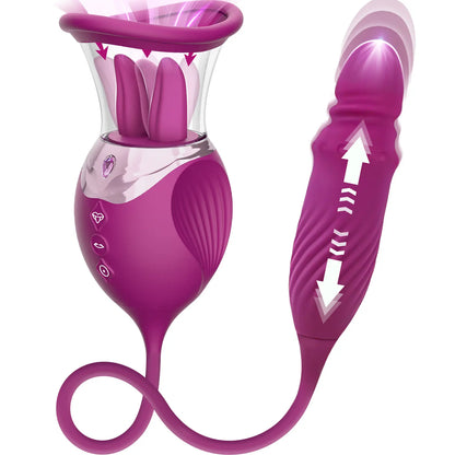 4-in-1 Rose Sex Toy Vibrator - Tongue Licking & Thrusting G-Spot Dildo