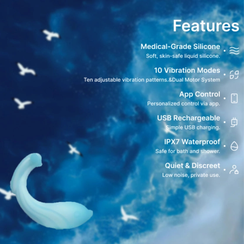 Product feature list with a blue background and a blurred product image.