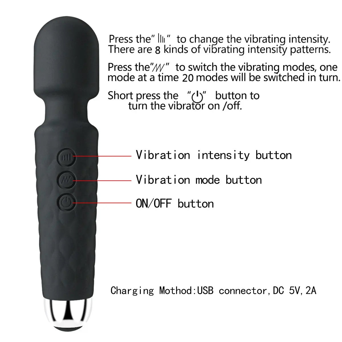 press the first button to change the vibrating intensity there are 8 kinds of vibrating intensity patterns.