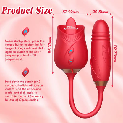 Product dimensions and 10 frequency modes of rose clitoral stimulator and thrusting wand, 85mm rose head and 102mm internal massager.