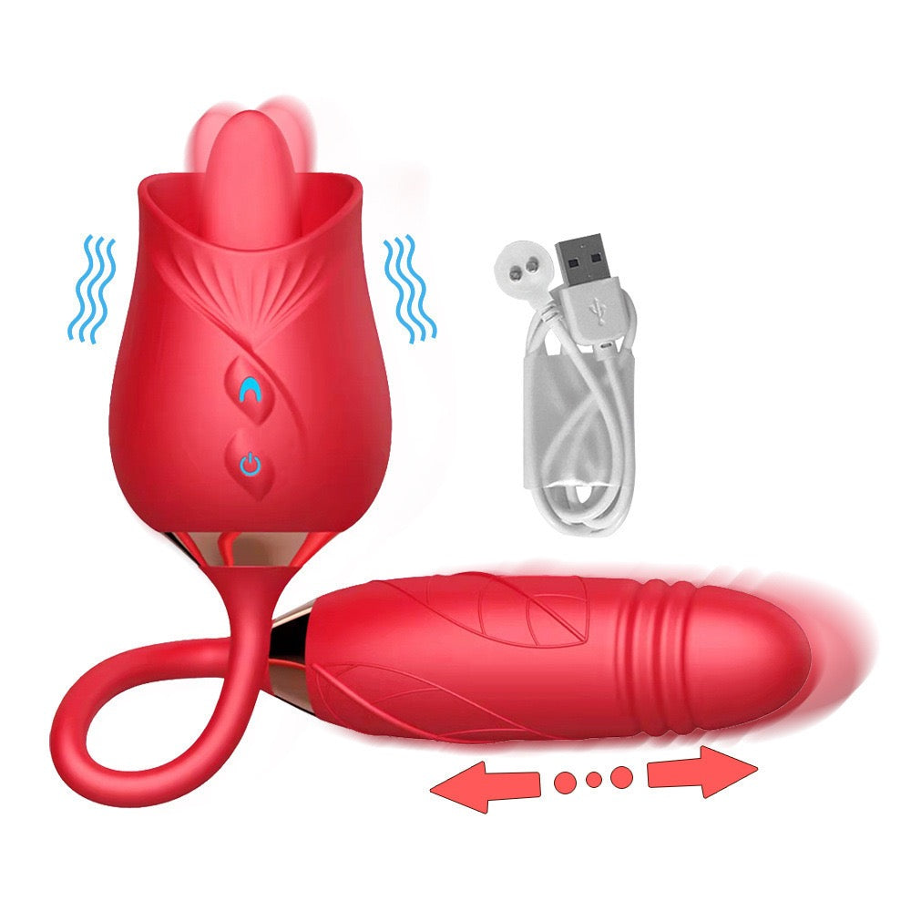 Red rose shaped vibrating cock ring with clitoral stimulator and USB charging cable