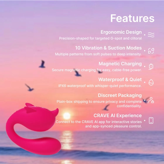 Zenzoone Aura dual stimulation vibrator ergonomic curved design magnetic charging waterproof quiet motor
Product features with a pink swan-shaped device on a sunset beach background