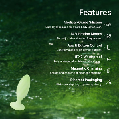 Zenzoone Bluetooth Threaded Anal Plug, medical-grade dual-layer silicone, 10 vibration modes, app & button control, IPX7 waterproof, magnetic charging, discreet packaging