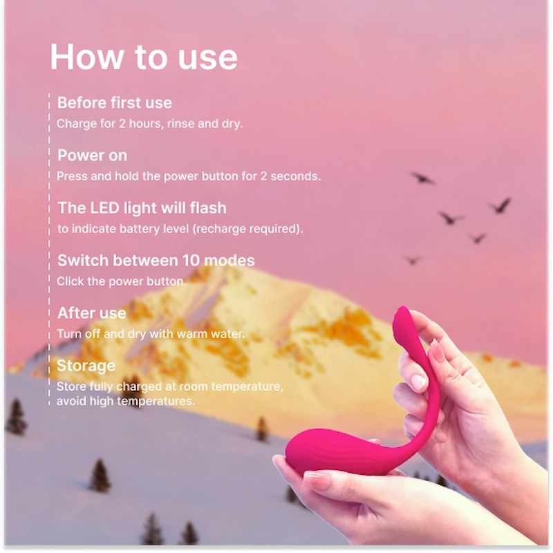 Zenzoone use guide: Charge 2h before first use, press & hold power 2s to turn on, click to switch 10 modes, clean with warm water after use, store fully charged at room temperature