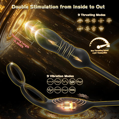 Zenzoone male cock ring prostate massager, Double Stimulation from Inside to Out; 9 Thrusting Modes (thrusting length 0.36inch, max thrusting speed 197 Times/Min) and 9 Vibration Modes for diverse intimate pleasure