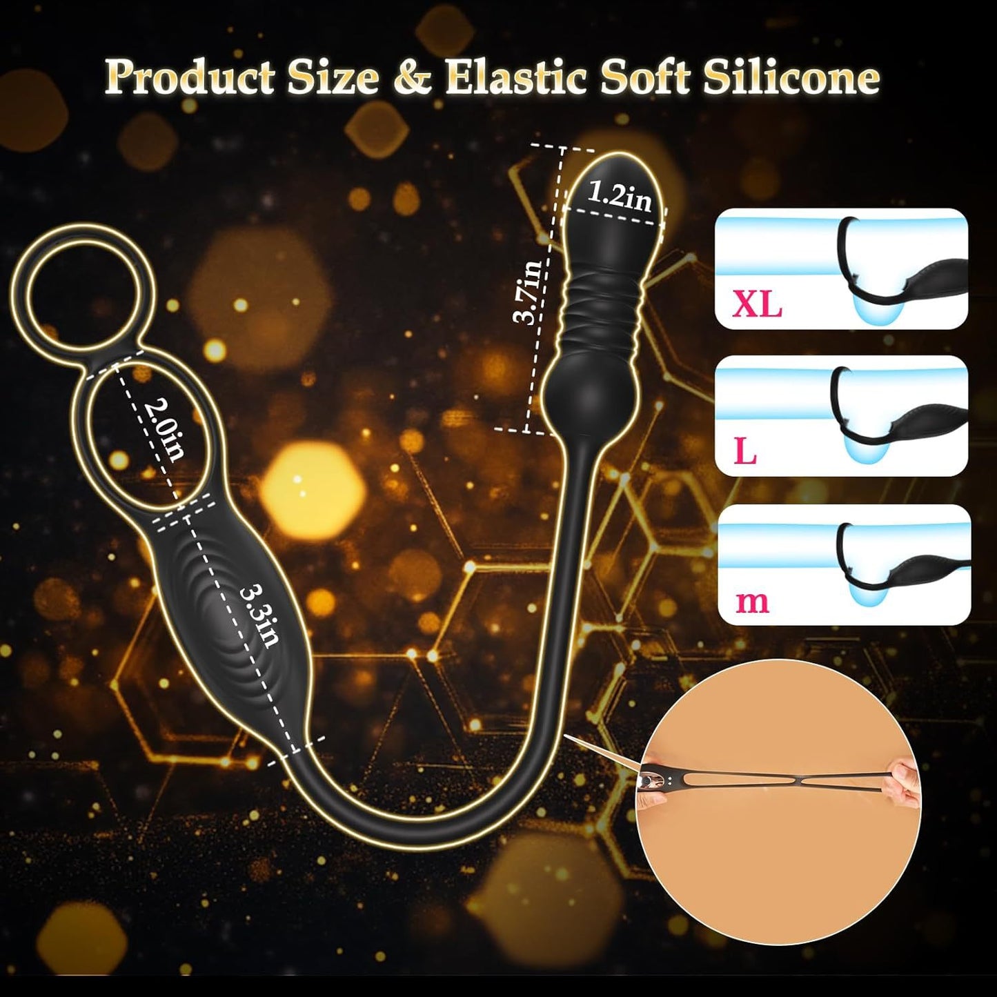Zenzoone male cock ring prostate massager, Product Size & Elastic Soft Silicone: small ring diameter 1.18inch/3cm, large ring diameter 1.96inch/5cm, telescopic length 0.39inch/1cm, total length 39.5cm/15.55inch; elastic soft silicone (skin-friendly, body-safe) for comfortable fit, high flexibility to adapt to most people