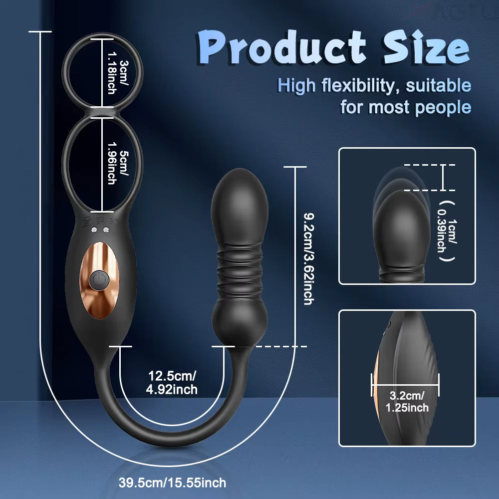  Zenzoone male cock ring prostate massager, high flexibility suitable for most people; small ring diameter 1.18inch/3cm, large ring diameter 1.96inch/5cm, telescopic length 0.39inch/1cm, total length 39.5cm/15.55inch