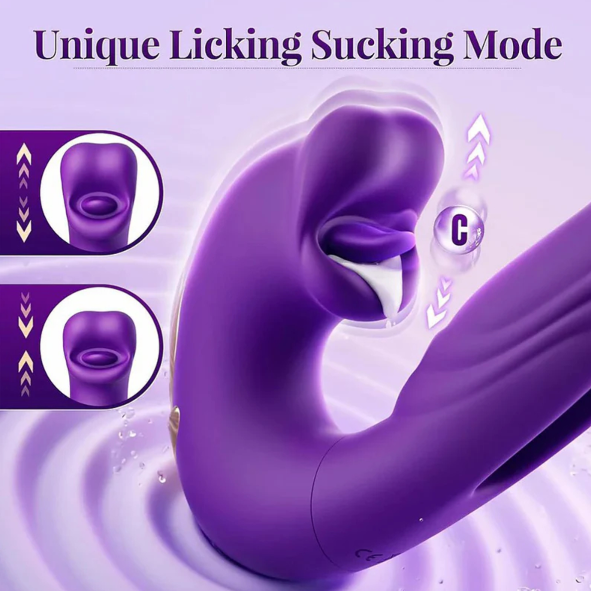 Clitoral suction vibrator with unique licking and pulsating modePurple device with 'Unique Licking Sucking Mode' text on a purple background