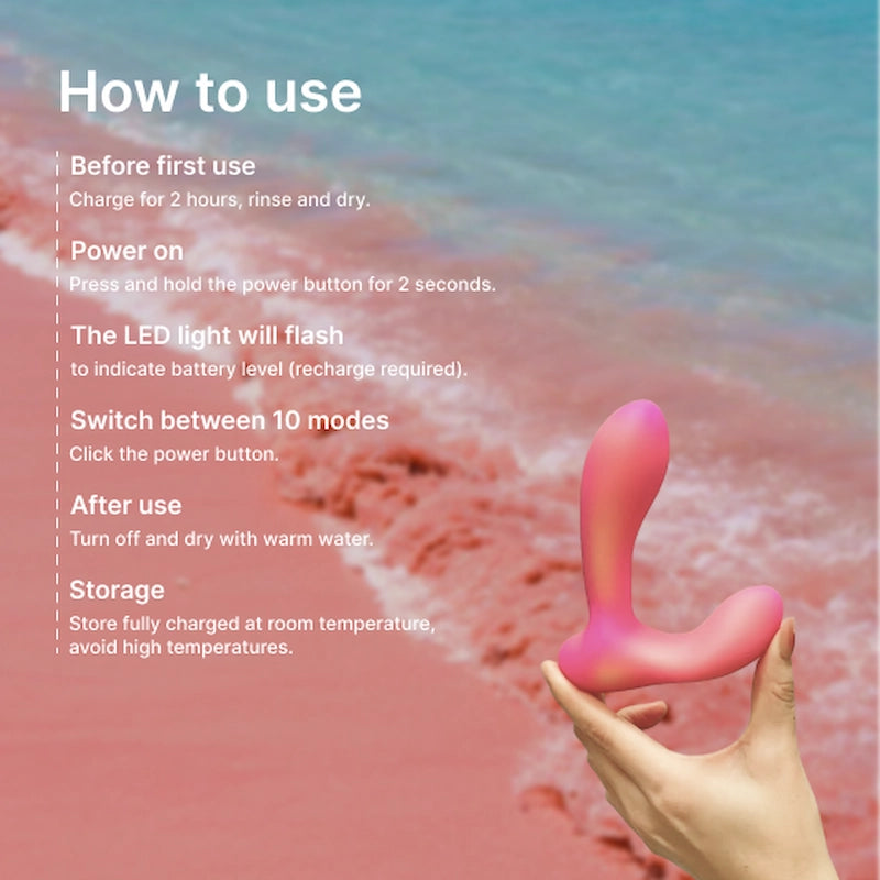 Zenzoone Secret prostate massager instructions rechargeable 10 modes waterproof designPink electronic device held in a hand with usage instructions on a blurred natural background