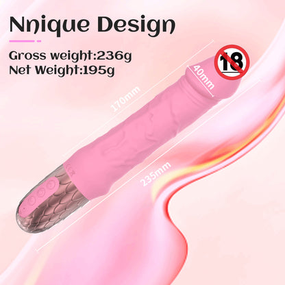 Zenzoone Velora curved G-spot vibrator 235mm length with 40mm head diameter and textured shaftPink electronic device with measurements and weight details on a pink background