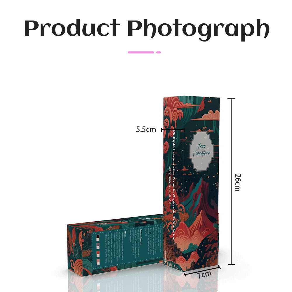 Zenzoone Velora G-spot vibrator packaging size 26cm x 7cm x 5.5cm discreet retail boxDecorative box with artistic design and measurements on a white background