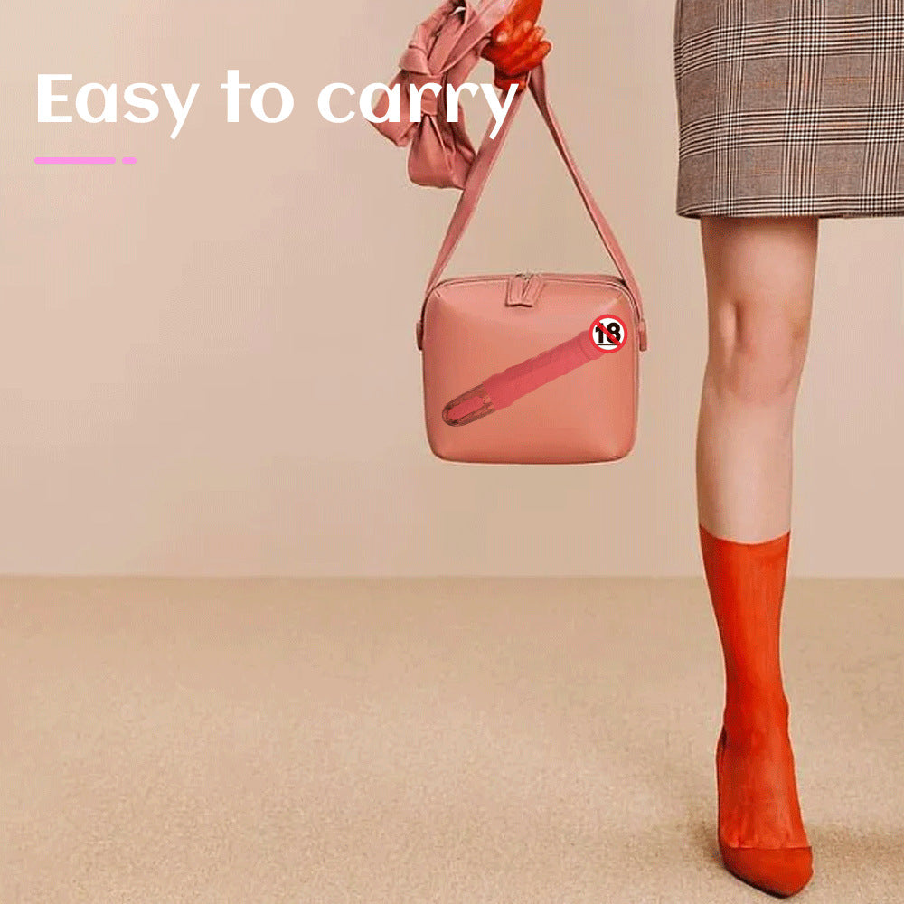 Zenzoone Velora portable G-spot vibrator compact and discreet design easy to carry in handbagPerson holding a pink crossbody bag with 'Easy to carry' text on a beige background