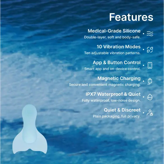 Zenzoone whale-tail vibe core features: medical-grade double-layer soft body-safe silicone, 10 adjustable vibration patterns, app & button control, magnetic charging, IPX7 waterproof, quiet discreet with plain privacy packaging