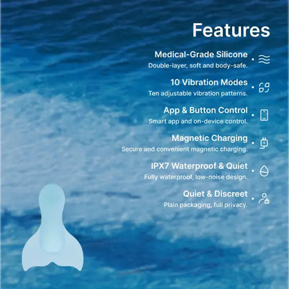 Zenzoone whale-tail vibe core features: medical-grade double-layer soft body-safe silicone, 10 adjustable vibration patterns, app & button control, magnetic charging, IPX7 waterproof, quiet discreet with plain privacy packaging