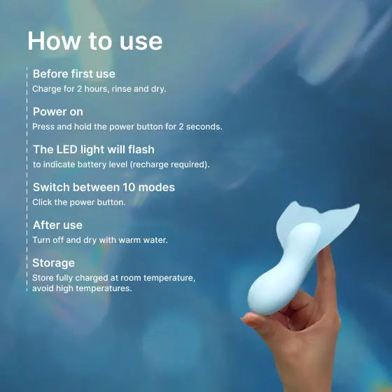 Zenzoone whale-tail vibe usage & storage: Charge 2hrs, rinse dry before first use; press power 2s to turn on (LED flashes for battery), click to switch 10 modes; turn off, rinse with warm water dry after use; store fully charged at room temp, avoid high temp